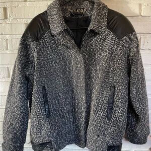 Vintage 80s ELCO Wool Tweed Jacket w/ Leather Trim Black & Gray Size 13/14–15/16